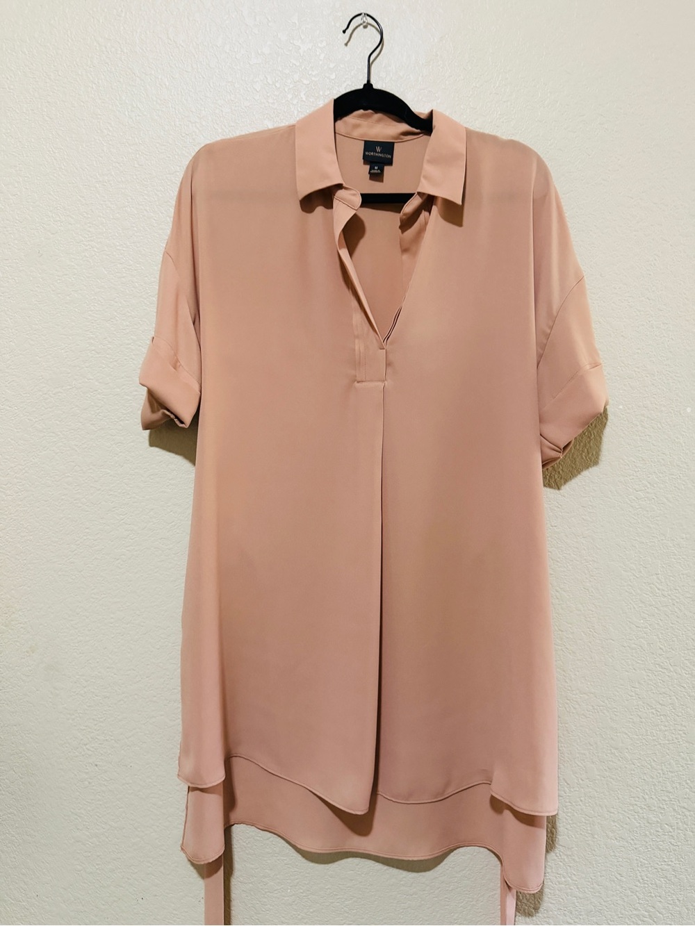 Minimalist Blush Pink Tunic Blouse Split V Neck w/tie Size M